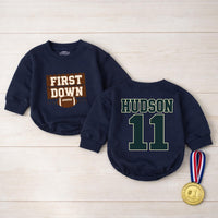 Personalized First Down Football Baby Romper with Custom Name and Number, Soft Cotton Outfit for Boys, Matching Family First Birthday Gift