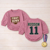 Personalized First Down Football Baby Romper with Custom Name and Number, Soft Cotton Outfit for Boys, Matching Family First Birthday Gift
