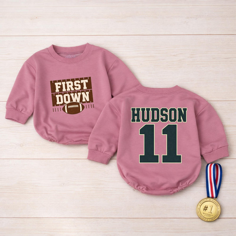 Personalized First Down Football Baby Romper with Custom Name and Number, Soft Cotton Outfit for Boys, Matching Family First Birthday Gift