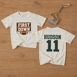 Personalized First Down Football Baby Romper with Custom Name and Number, Soft Cotton Outfit for Boys, Matching Family First Birthday Gift