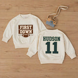 Personalized First Down Football Baby Romper with Custom Name and Number, Soft Cotton Outfit for Boys, Matching Family First Birthday Gift
