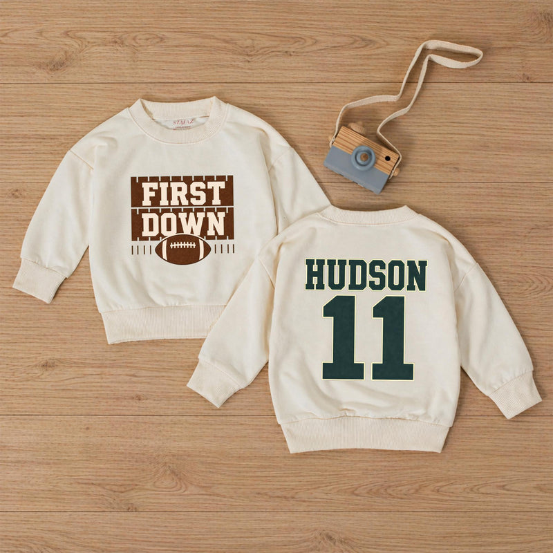Personalized First Down Football Baby Romper with Custom Name and Number, Soft Cotton Outfit for Boys, Matching Family First Birthday Gift