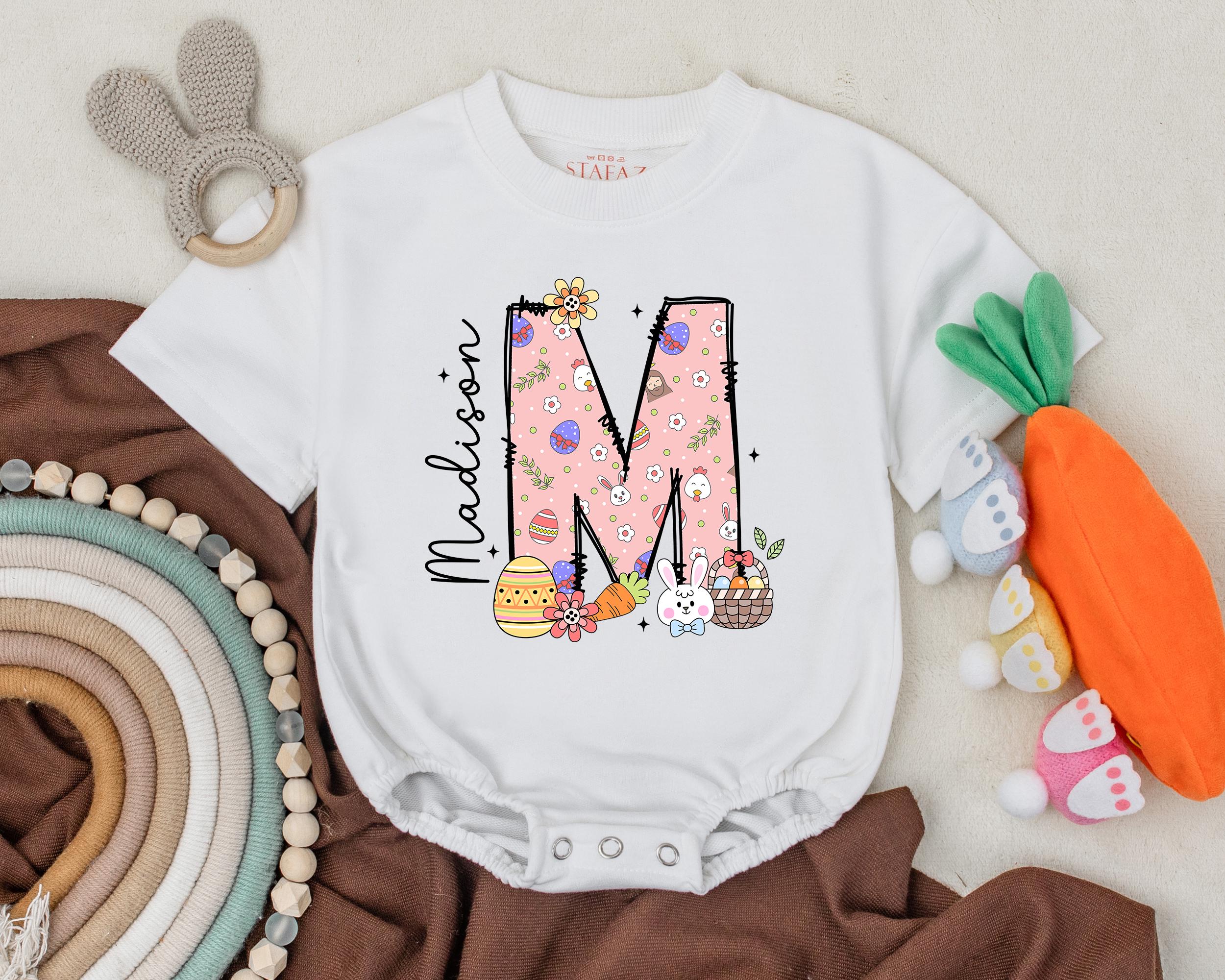 Personalized First Easter Baby Romper with Bunny and Pastel M Design Soft Spring Outfit for Baby Boy or Girl Holiday Gift