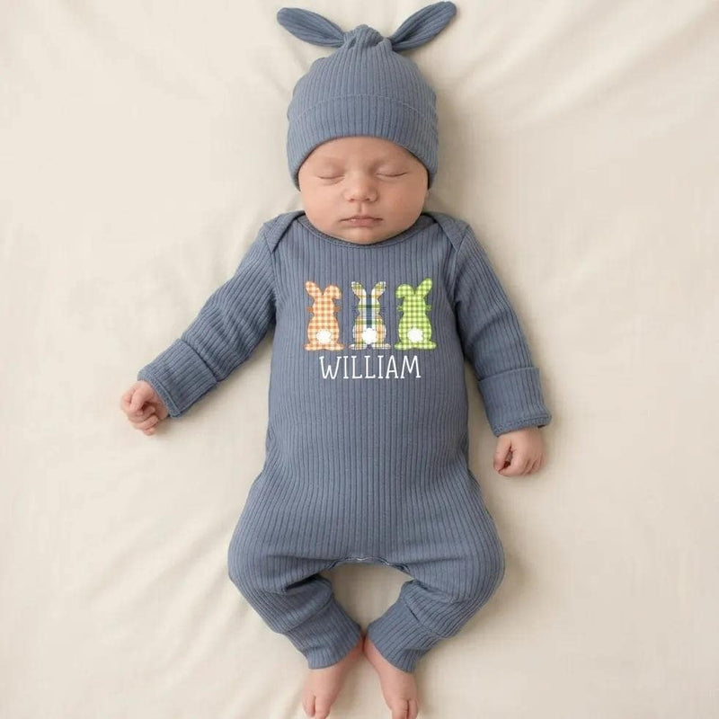 Personalized First Easter Bunny Outfit for Baby Boys with Gingham Plaid Design and Custom Name, Soft Romper Easter Gift for Infants
