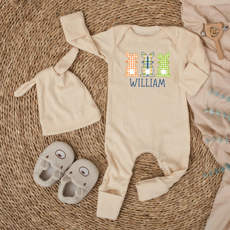 Personalized First Easter Bunny Outfit for Baby Boys with Gingham Plaid Design and Custom Name, Soft Romper Easter Gift for Infants