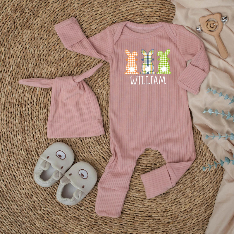 Personalized First Easter Bunny Outfit for Baby Boys with Gingham Plaid Design and Custom Name, Soft Romper Easter Gift for Infants