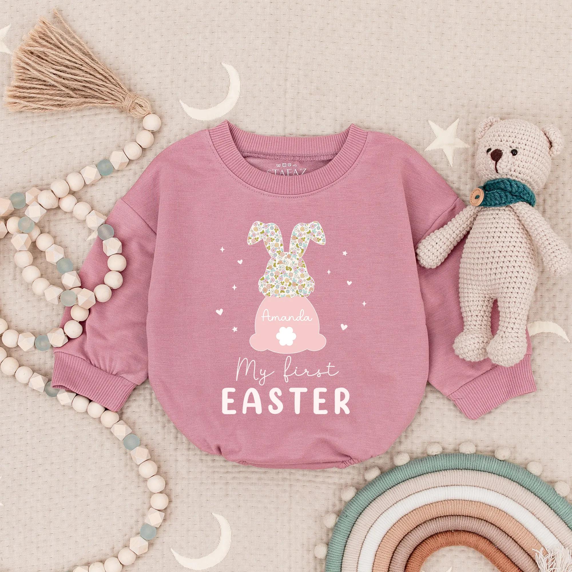 Personalized First Easter Bunny Romper for Baby Girl or Boy with Custom Name Sweet Spring Outfit Soft Pink Floral Design Infant Gift
