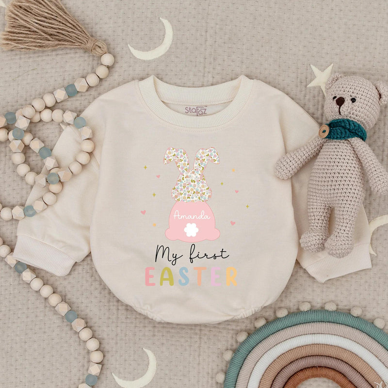 Personalized First Easter Bunny Romper for Baby Girl or Boy with Custom Name Sweet Spring Outfit Soft Pink Floral Design Infant Gift