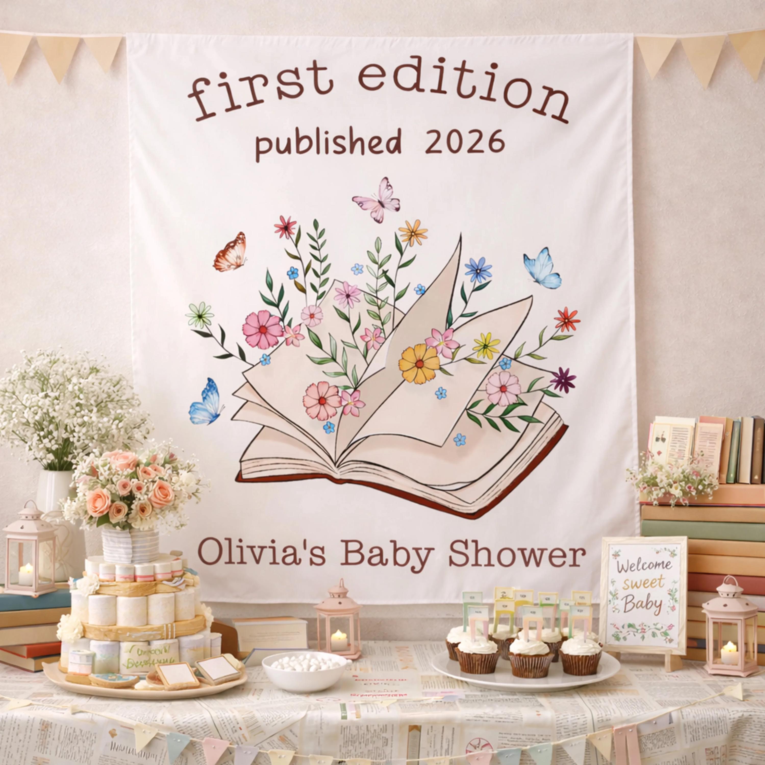 Personalized First Edition Silk Banner with Storybook Wildflowers Baby Shower Backdrop Custom Party Decor Published 2026 Butterfly Theme