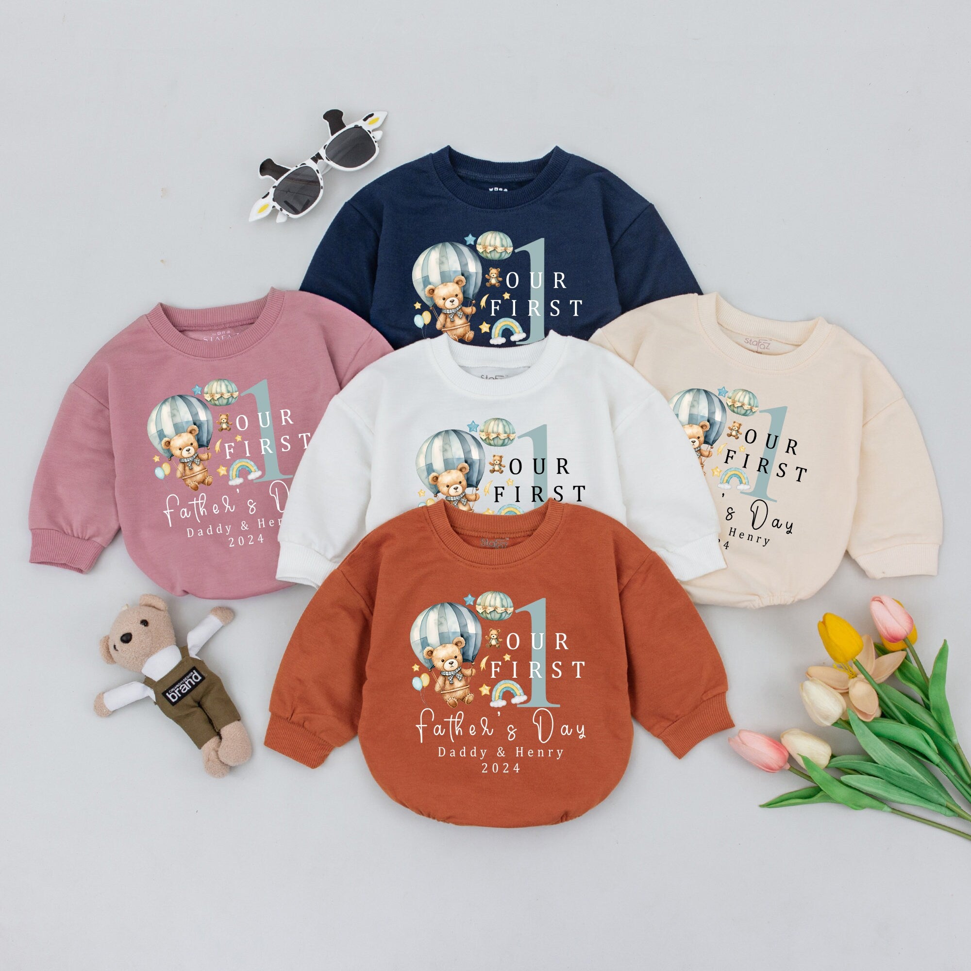 Personalized First Father's Day Baby Romper Daddy & Henry Gift Soft Pastel Teddy Bear Hot Air Balloon New Dad Sleepsuit 2024
