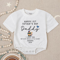 Personalized First Father's Day Baby Romper with Name Year, Custom Green and Blue Design New Dad Gift from Infant, Heartwarming Keepsake