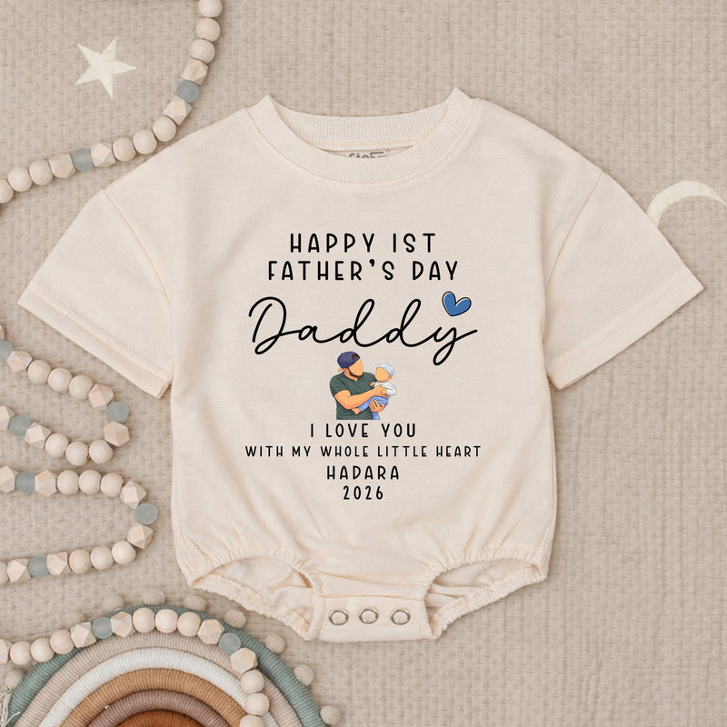 Personalized First Father's Day Baby Romper with Name Year, Custom Green and Blue Design New Dad Gift from Infant, Heartwarming Keepsake