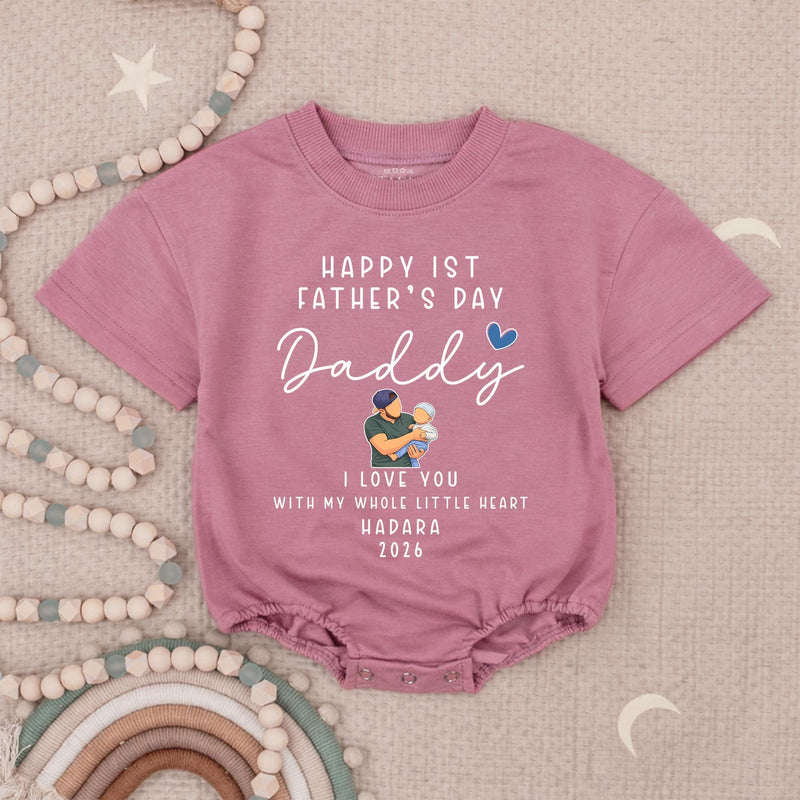 Personalized First Father's Day Baby Romper with Name Year, Custom Green and Blue Design New Dad Gift from Infant, Heartwarming Keepsake