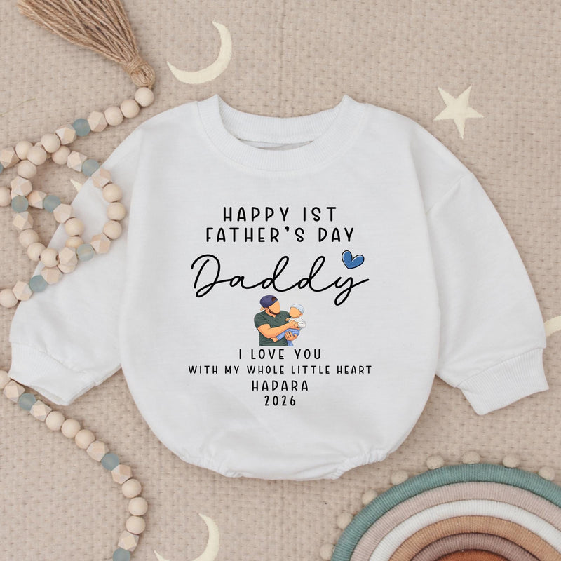 Personalized First Father's Day Baby Romper with Name Year, Custom Green and Blue Design New Dad Gift from Infant, Heartwarming Keepsake