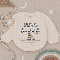 Personalized First Father's Day Baby Romper with Name Year, Custom Green and Blue Design New Dad Gift from Infant, Heartwarming Keepsake