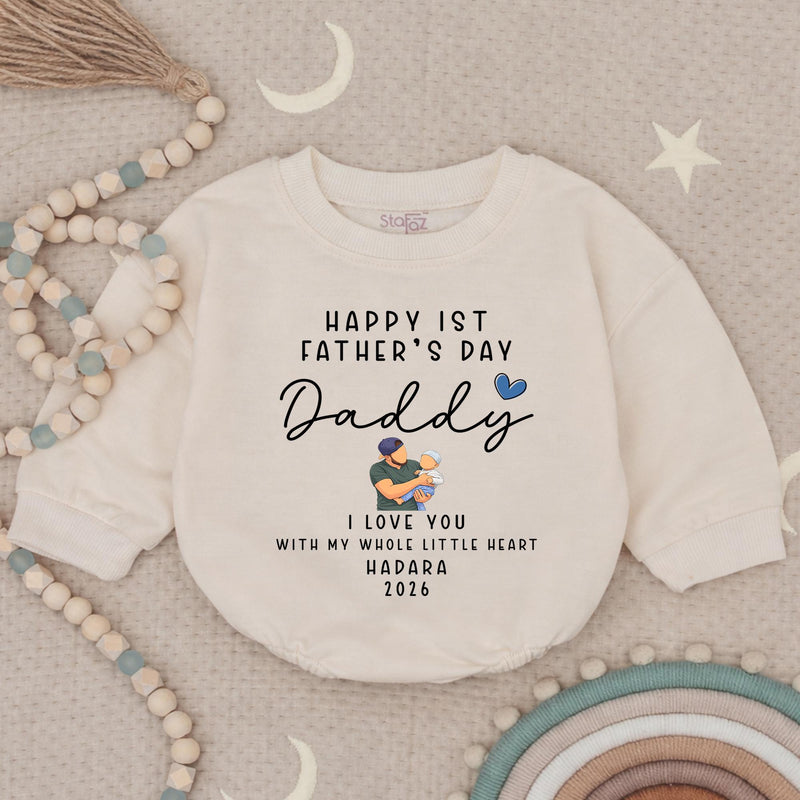 Personalized First Father's Day Baby Romper with Name Year, Custom Green and Blue Design New Dad Gift from Infant, Heartwarming Keepsake