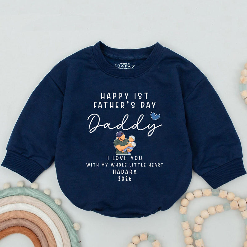 Personalized First Father's Day Baby Romper with Name Year, Custom Green and Blue Design New Dad Gift from Infant, Heartwarming Keepsake
