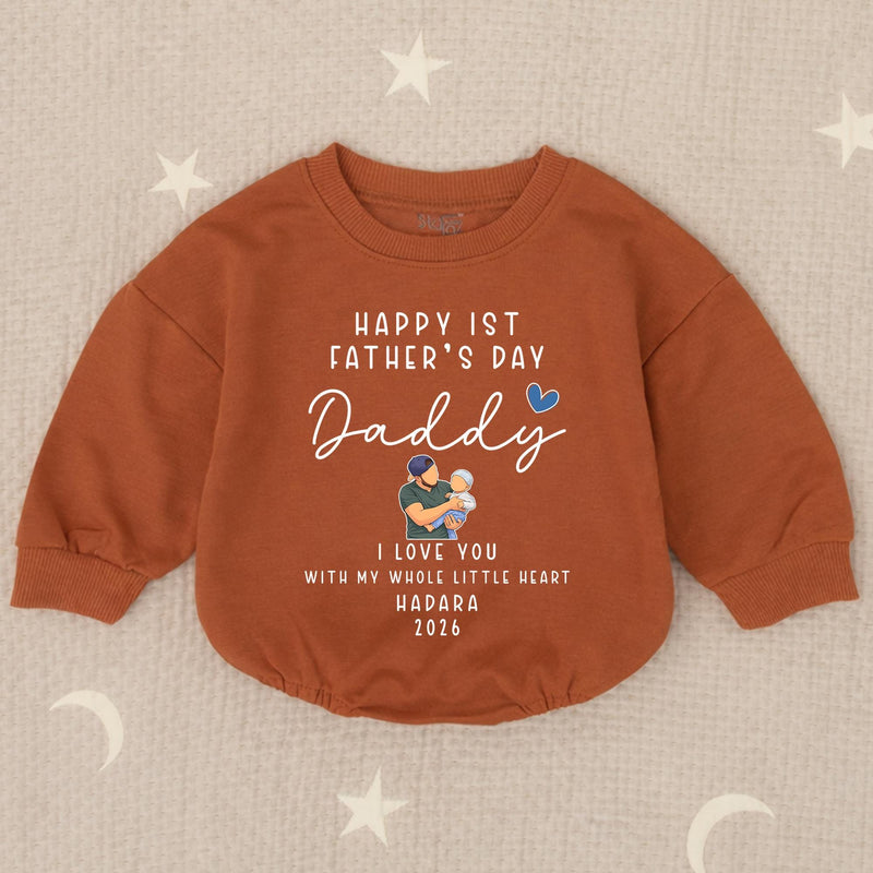 Personalized First Father's Day Baby Romper with Name Year, Custom Green and Blue Design New Dad Gift from Infant, Heartwarming Keepsake