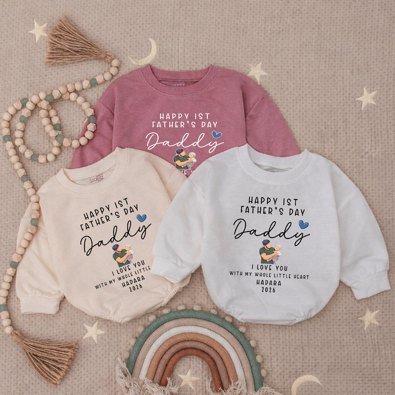 Personalized First Father's Day Baby Romper with Name Year, Custom Green and Blue Design New Dad Gift from Infant, Heartwarming Keepsake