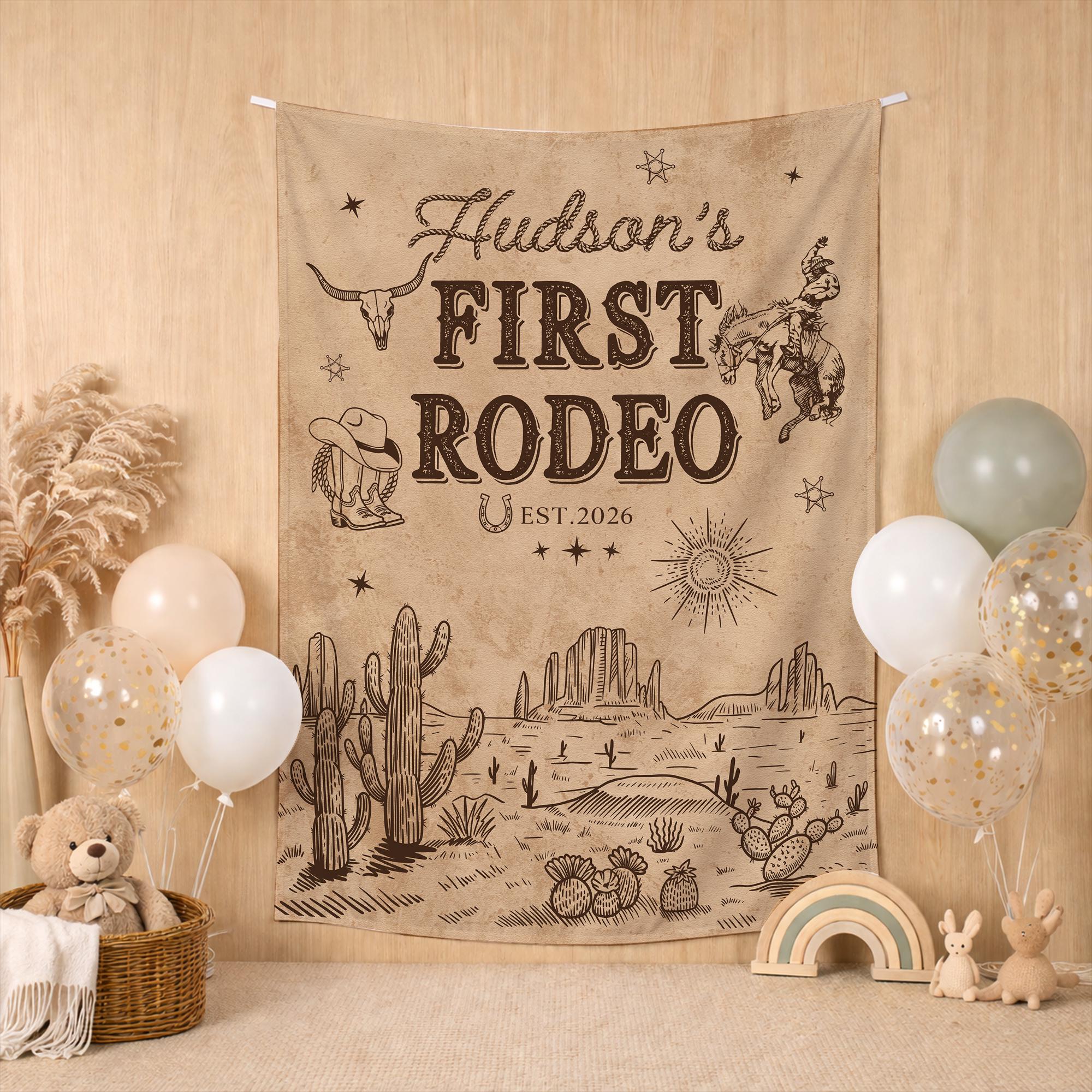Personalized First Rodeo Birthday Banner for Baby Boy or Girl Western Cowboy Party Backdrop Custom Name Desert Theme Rustic Decor