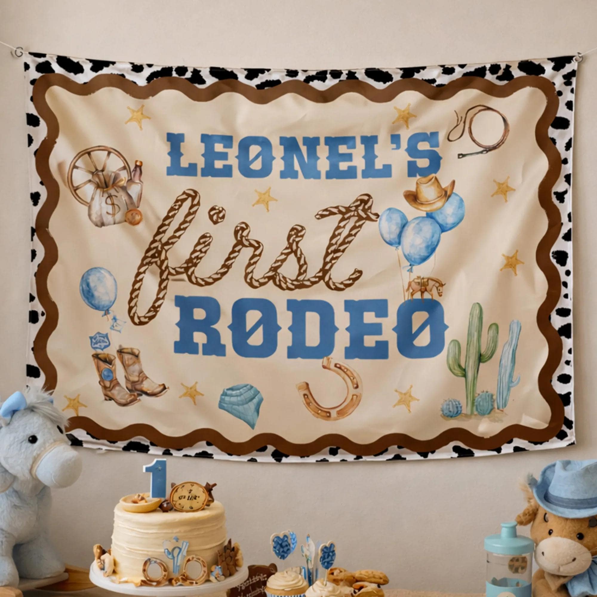 Personalized First Rodeo Birthday Banner for Baby Boy with Western Cowboy Theme, Rustic Cow-Print and Lasso Design Party Backdrop