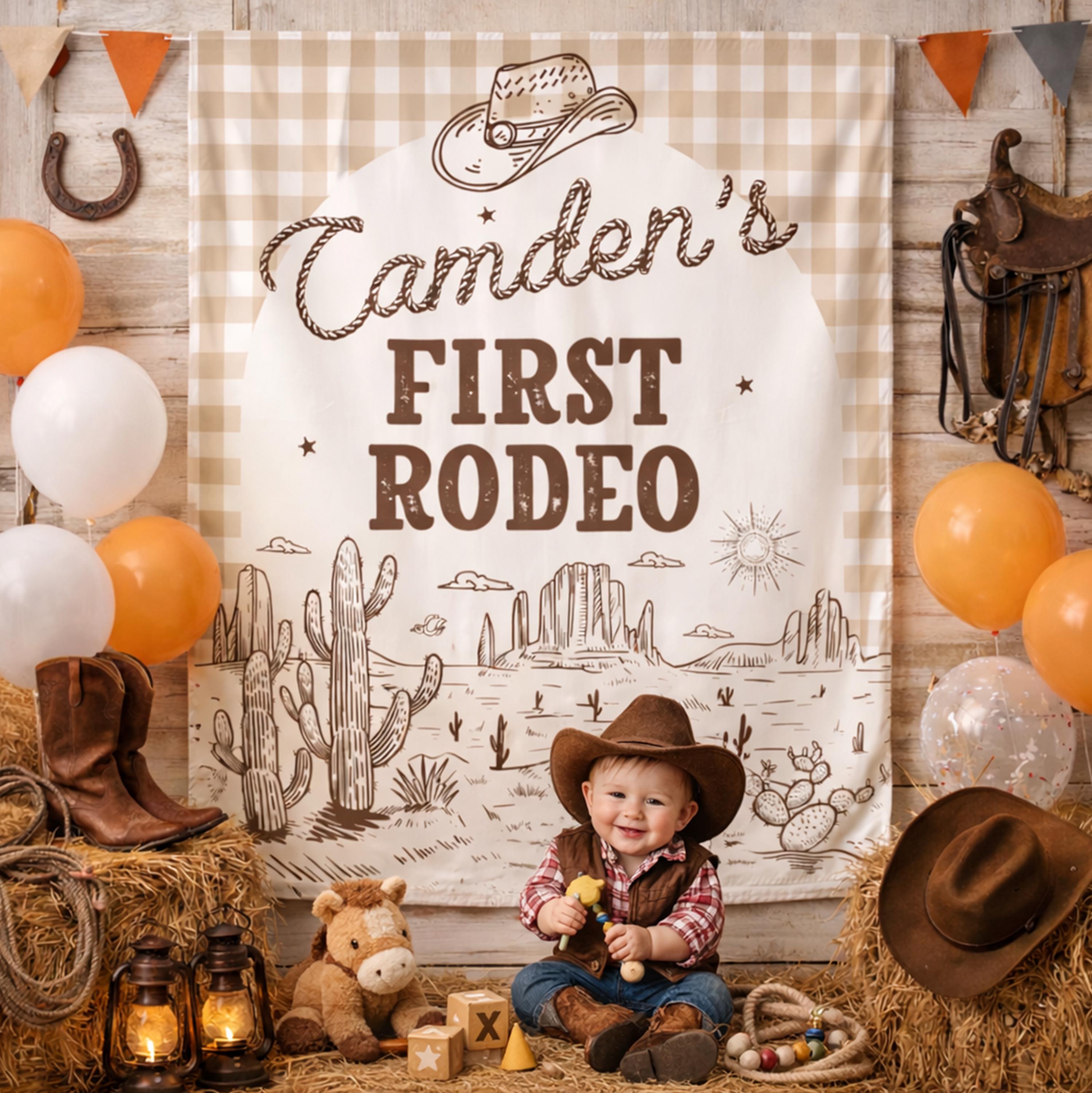 Personalized First Rodeo Birthday Banner Beige Gingham Cowboy Hat Desert Scene 1st Birthday Party Boy Rustic Western Decor