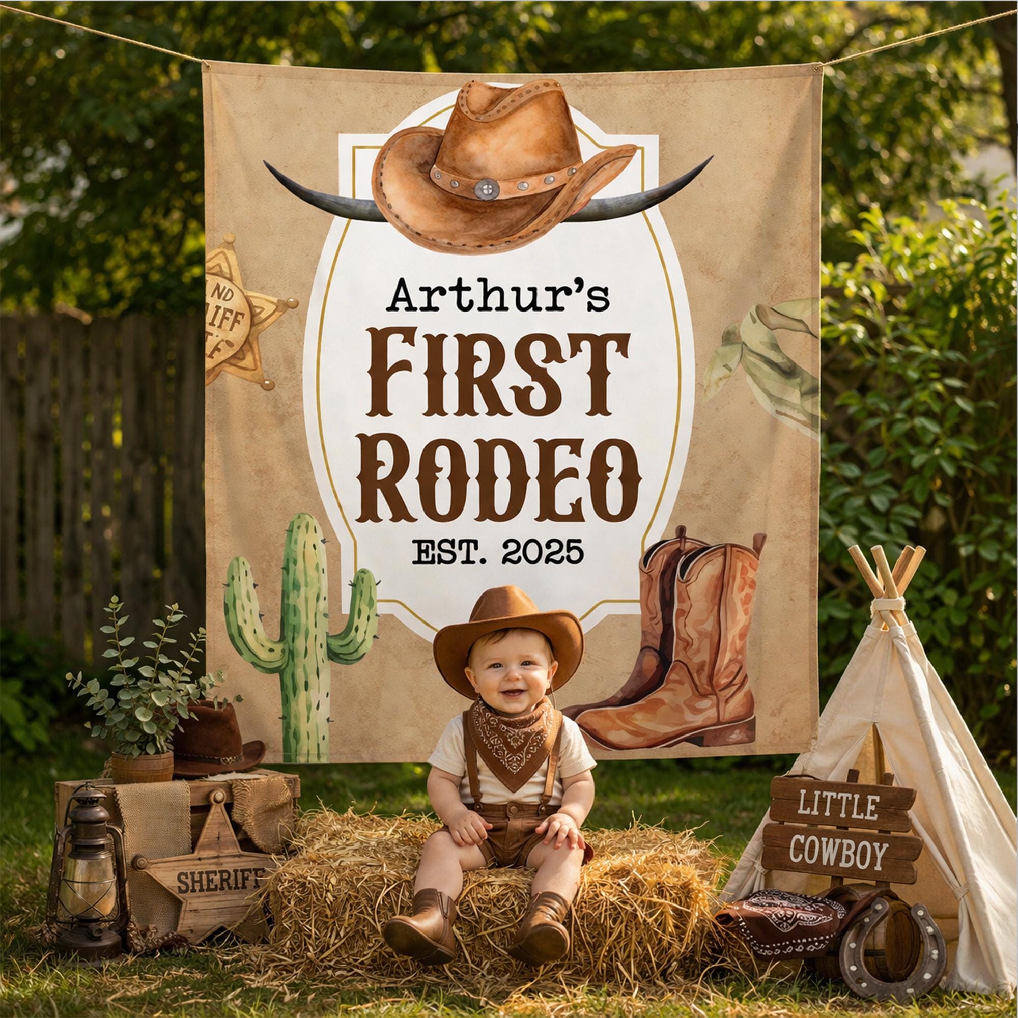Personalized First Rodeo Birthday Banner for Boys with Cowboy Hat and Cactus Design, Western Party Backdrop, Custom Name and Year Sign