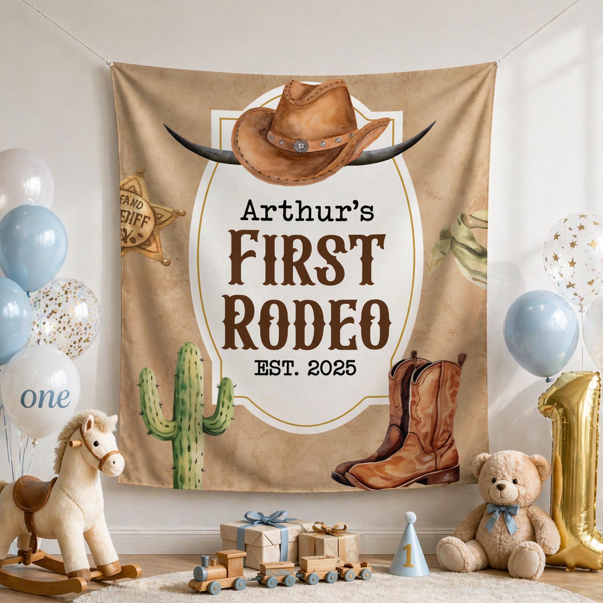 Personalized First Rodeo Birthday Banner for Boys with Cowboy Hat and Cactus Design, Western Party Backdrop, Custom Name and Year Sign