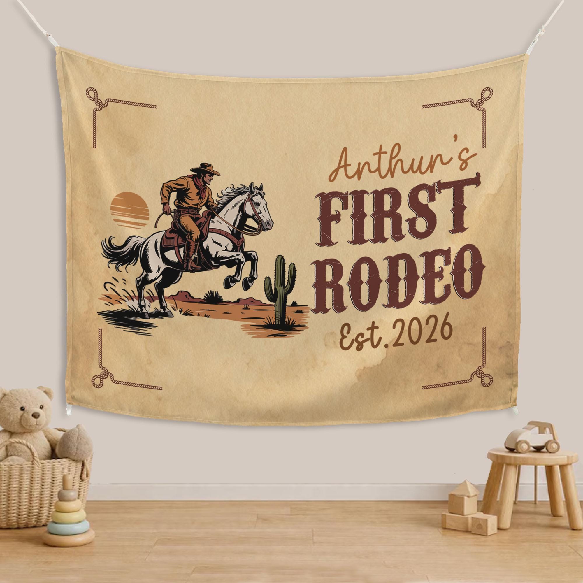 Personalized First Rodeo Birthday Banner with Cowboy Design Custom Name Party Backdrop Western Boy Cake Smash Prop Warm Beige Tan Decor
