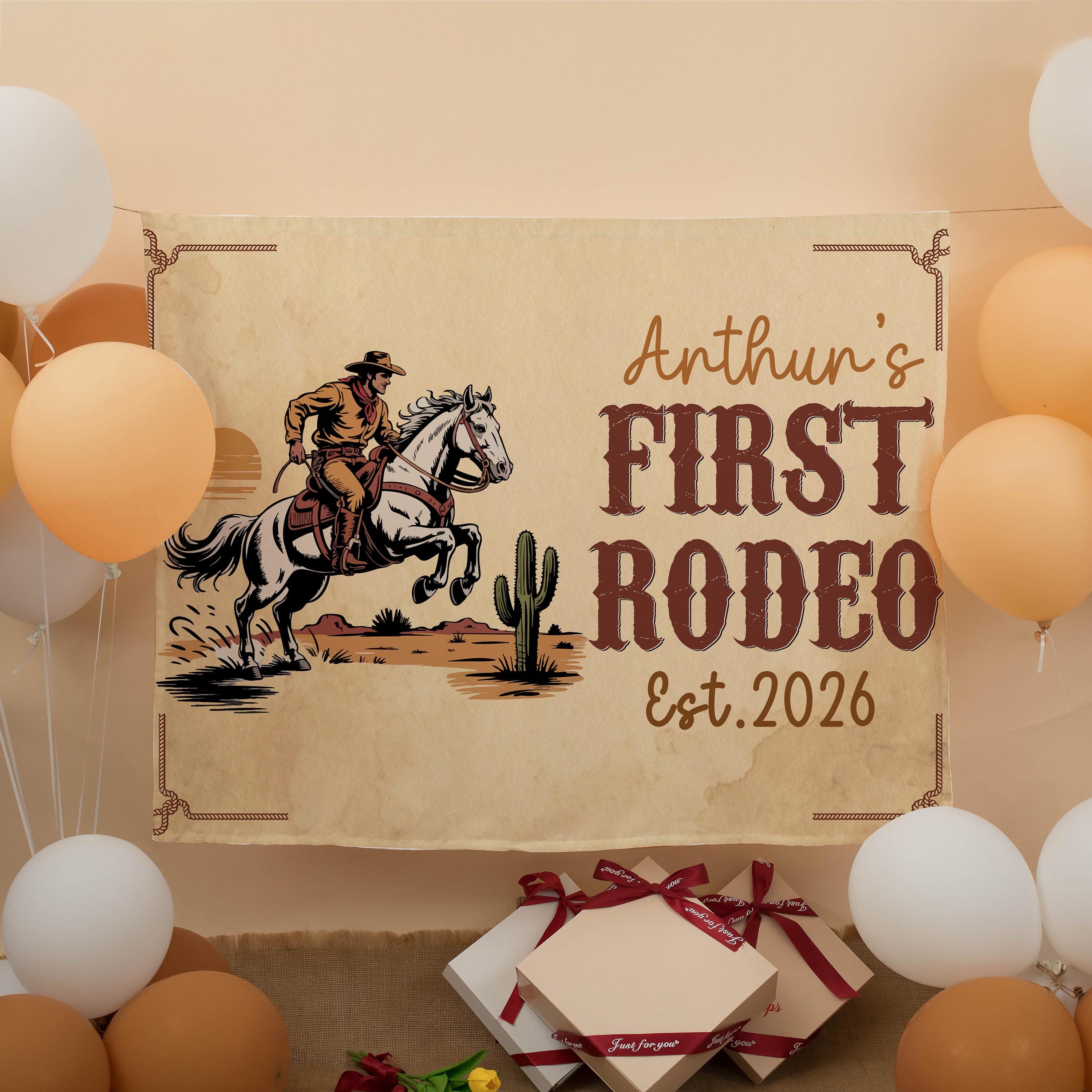 Personalized First Rodeo Birthday Banner with Cowboy Design Custom Name Party Backdrop Western Boy Cake Smash Prop Warm Beige Tan Decor