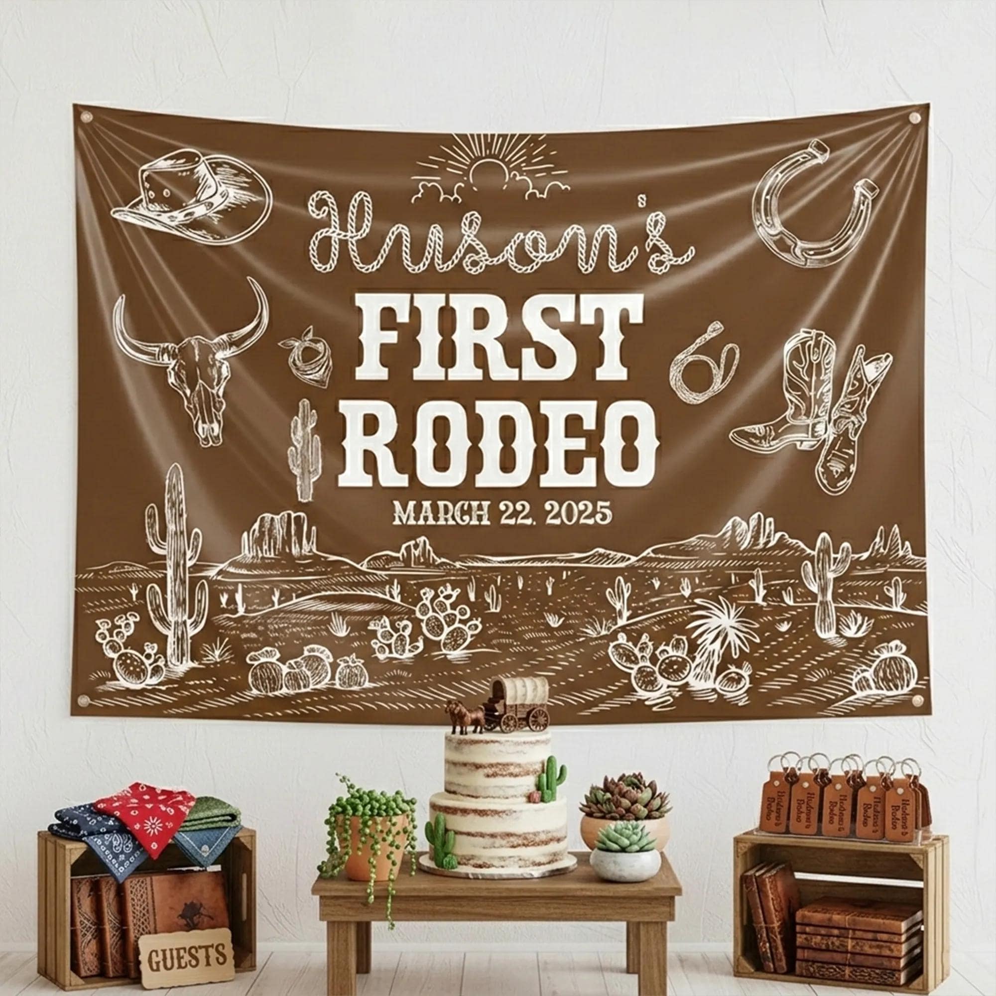 Personalized First Rodeo Birthday Banner Western Cowboy Baby Boy Party Backdrop Dark Brown with White Design Custom Date Decor