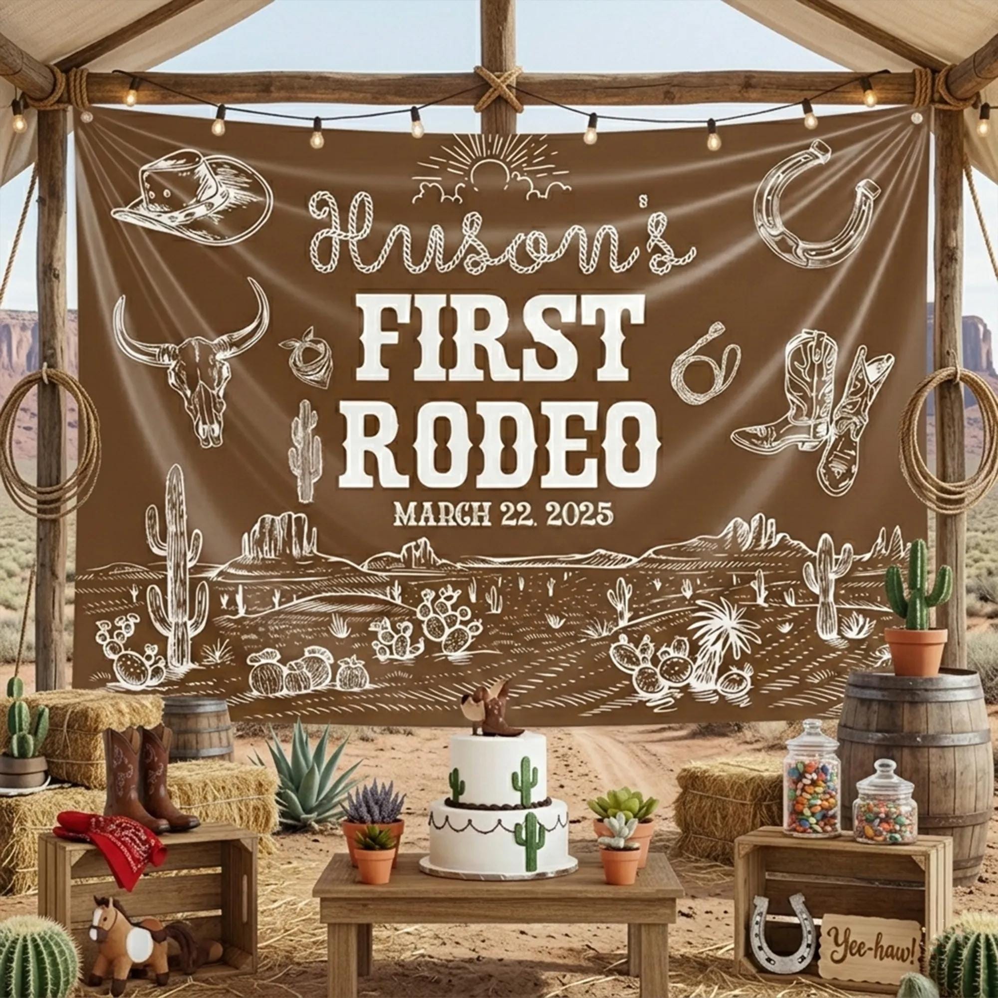 Personalized First Rodeo Birthday Banner Western Cowboy Baby Boy Party Backdrop Dark Brown with White Design Custom Date Decor