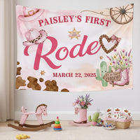 Personalized First Rodeo Birthday Girl Silk Banner with Pink Cowgirl Hats, Western Party Backdrop Tapestry Custom Name Ranch Celebration