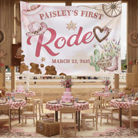 Personalized First Rodeo Birthday Girl Silk Banner with Pink Cowgirl Hats, Western Party Backdrop Tapestry Custom Name Ranch Celebration