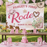 Personalized First Rodeo Birthday Girl Silk Banner with Pink Cowgirl Hats, Western Party Backdrop Tapestry Custom Name Ranch Celebration