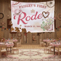 Personalized First Rodeo Birthday Girl Silk Banner with Pink Cowgirl Hats, Western Party Backdrop Tapestry Custom Name Ranch Celebration