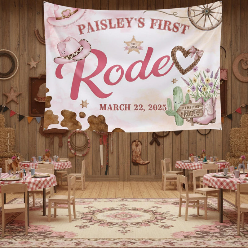 Personalized First Rodeo Birthday Girl Silk Banner with Pink Cowgirl Hats, Western Party Backdrop Tapestry Custom Name Ranch Celebration