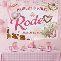 Personalized First Rodeo Birthday Girl Silk Banner with Pink Cowgirl Hats, Western Party Backdrop Tapestry Custom Name Ranch Celebration