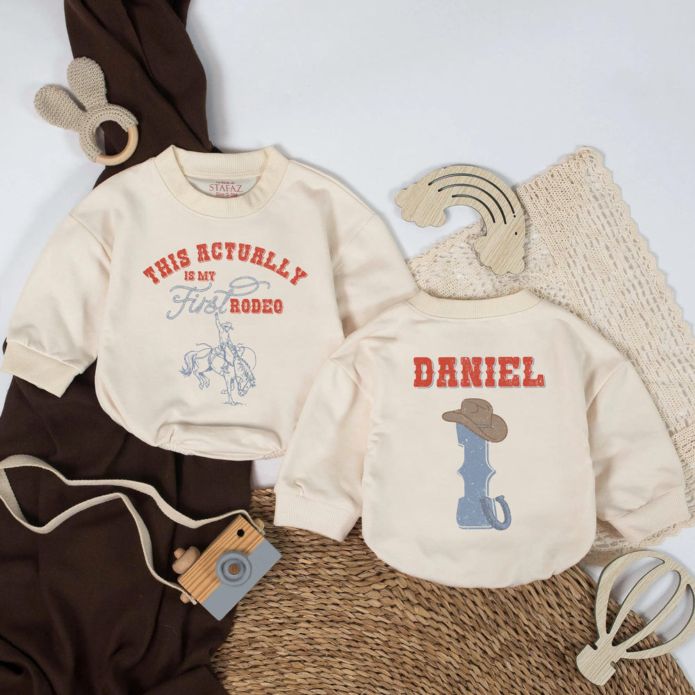 Personalized First Rodeo Birthday Romper for Baby Boy, Cowboy Western Outfit, Soft Cotton 1st Birthday Party Gift, Red-Orange Text Design