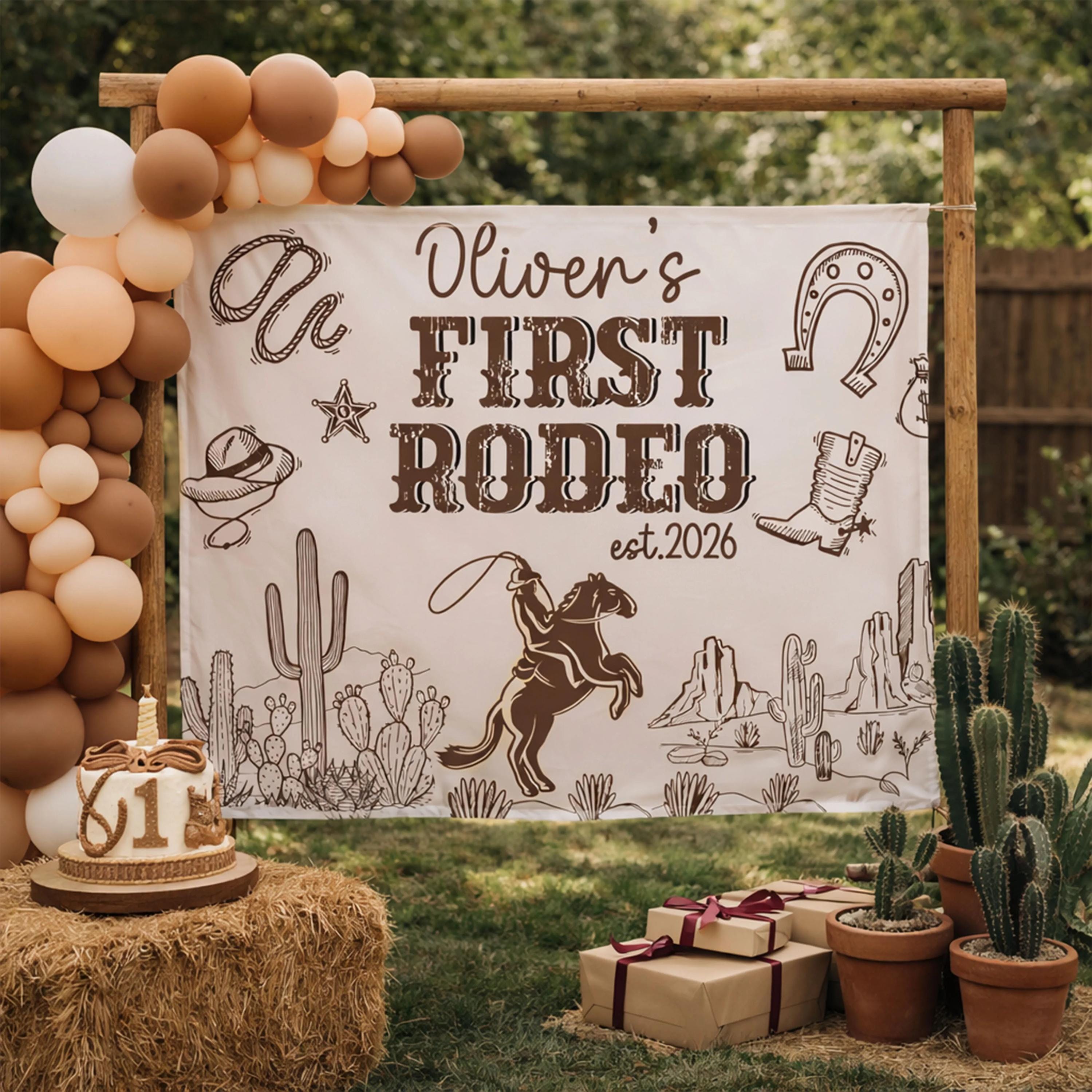 Personalized First Rodeo Birthday Silk Banner with Cowboy Theme, Custom Name and Year, Western 1st Birthday Party Backdrop Decor Gift
