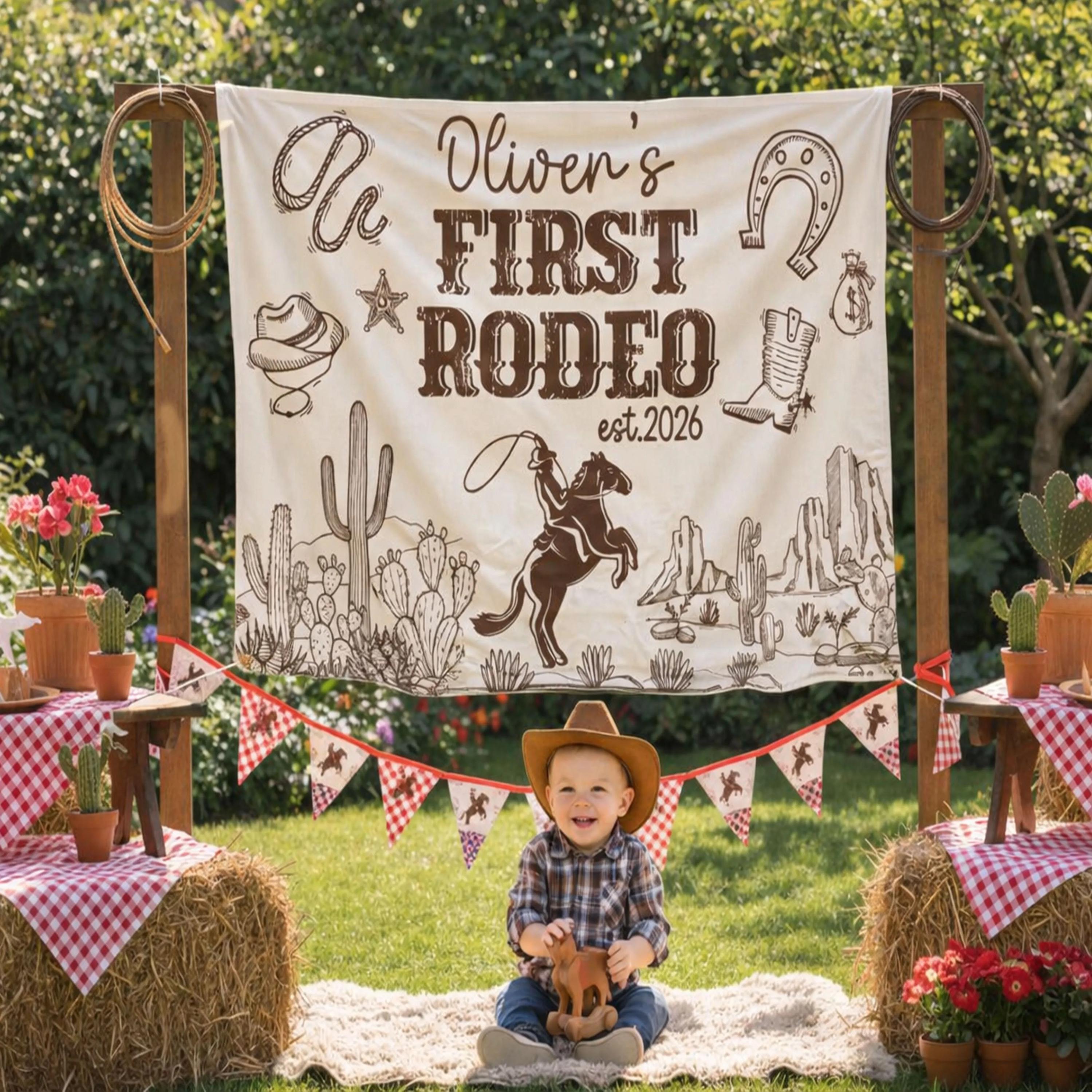 Personalized First Rodeo Birthday Silk Banner with Cowboy Theme, Custom Name and Year, Western 1st Birthday Party Backdrop Decor Gift
