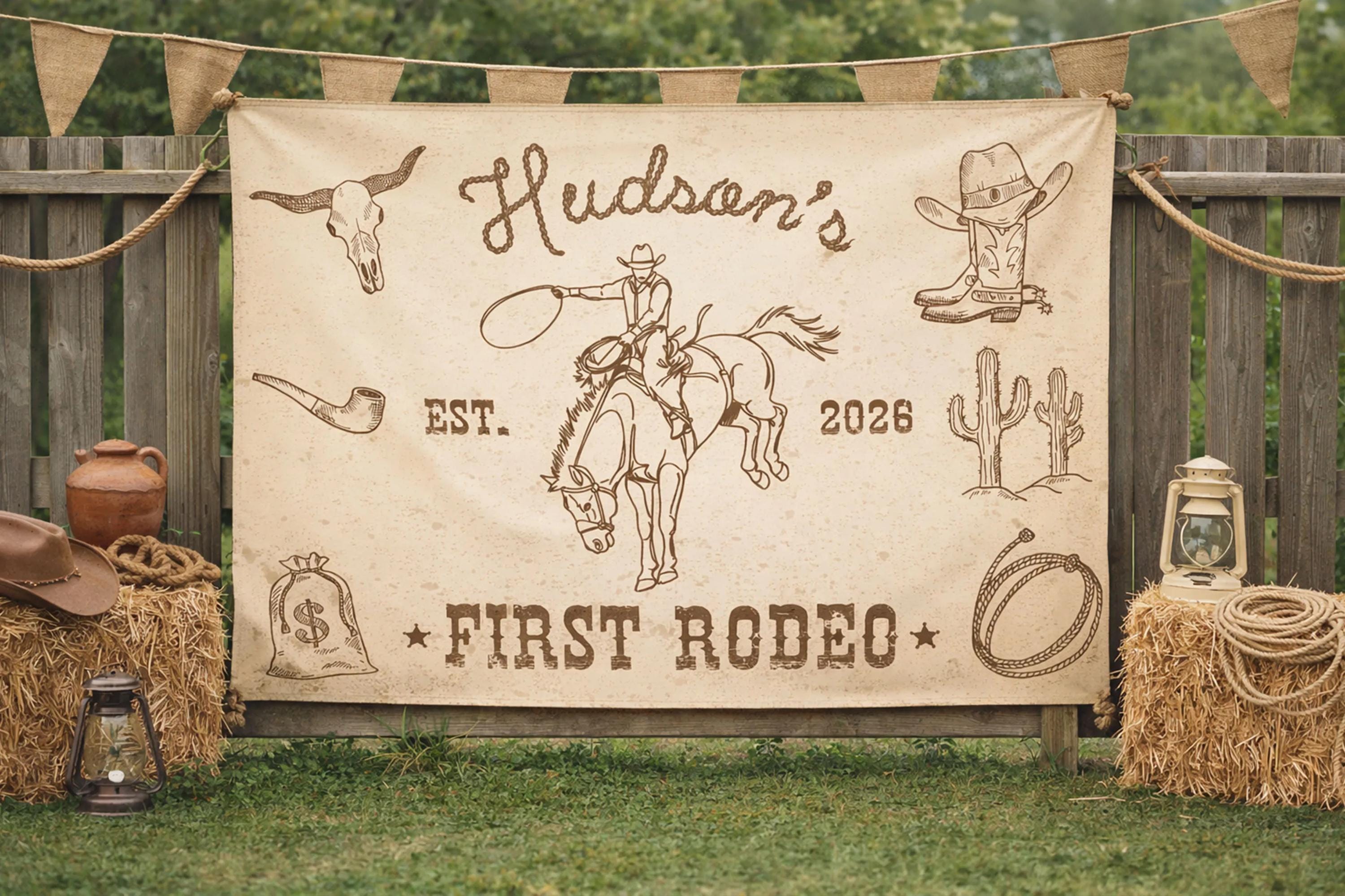 Personalized First Rodeo Cowboy Birthday Banner for Boys Custom Name Western 1st Birthday Party Backdrop Rustic Americana Decor
