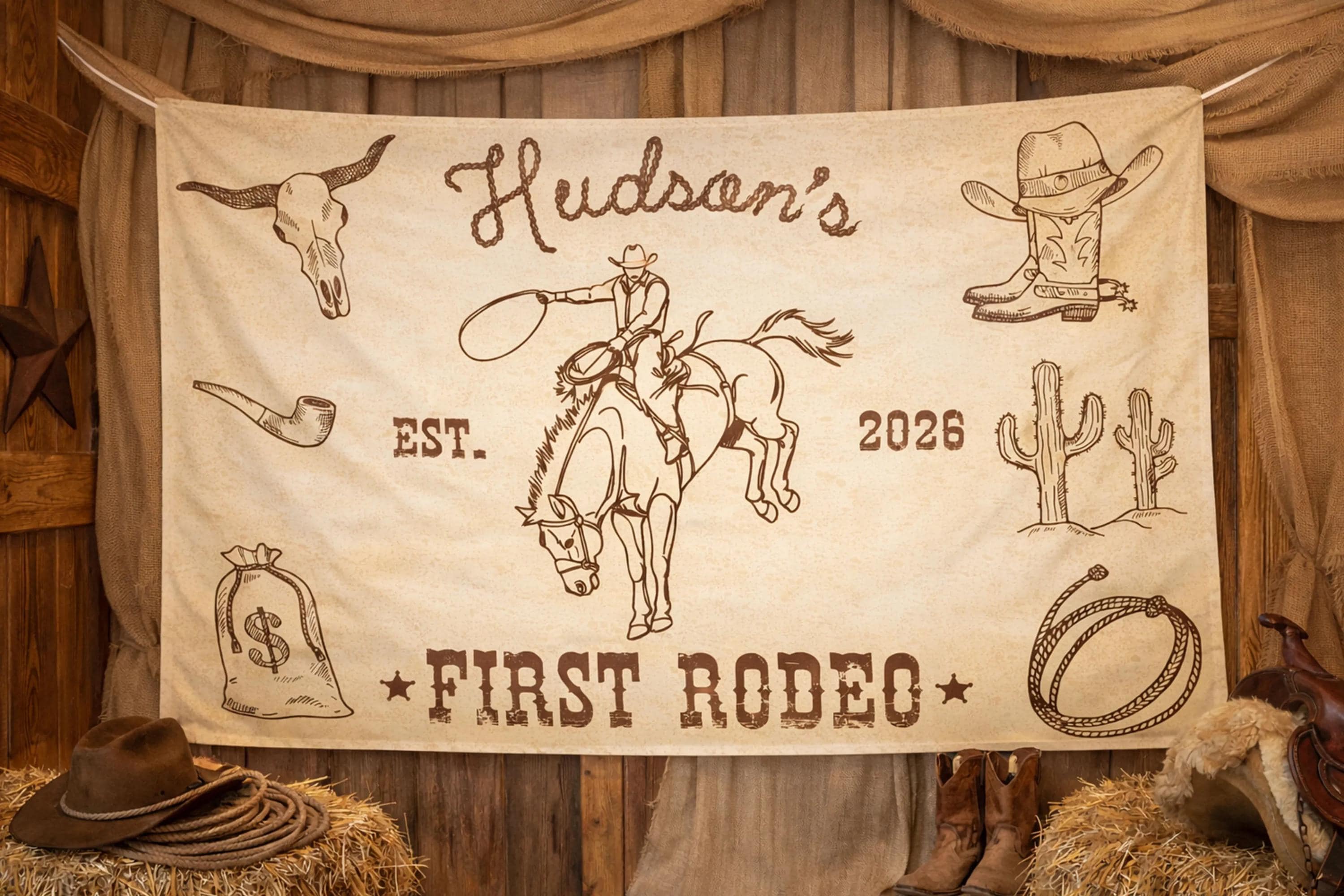 Personalized First Rodeo Cowboy Birthday Banner for Boys Custom Name Western 1st Birthday Party Backdrop Rustic Americana Decor