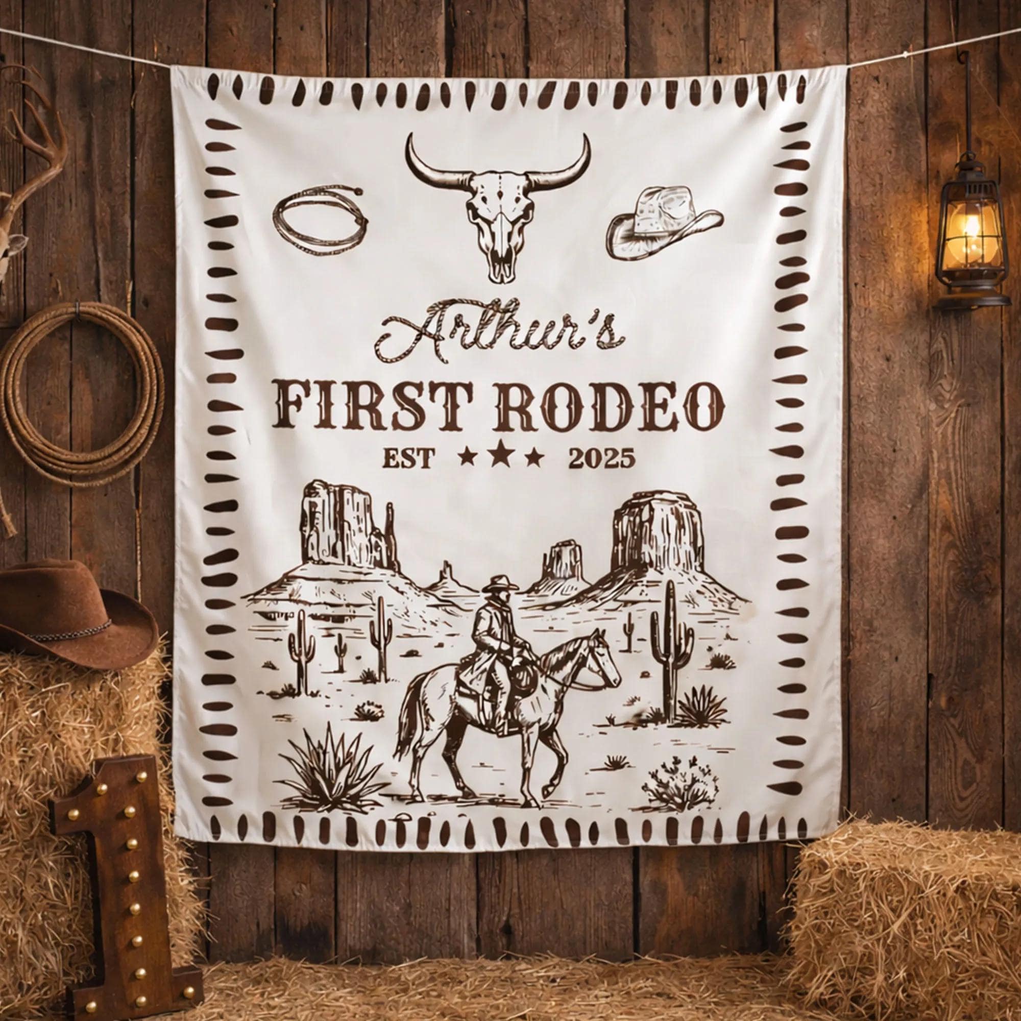 Personalized First Rodeo Silk Banner with Cowboy Skull and Desert Scene Western Birthday Party Backdrop Custom Baby Boy Decor