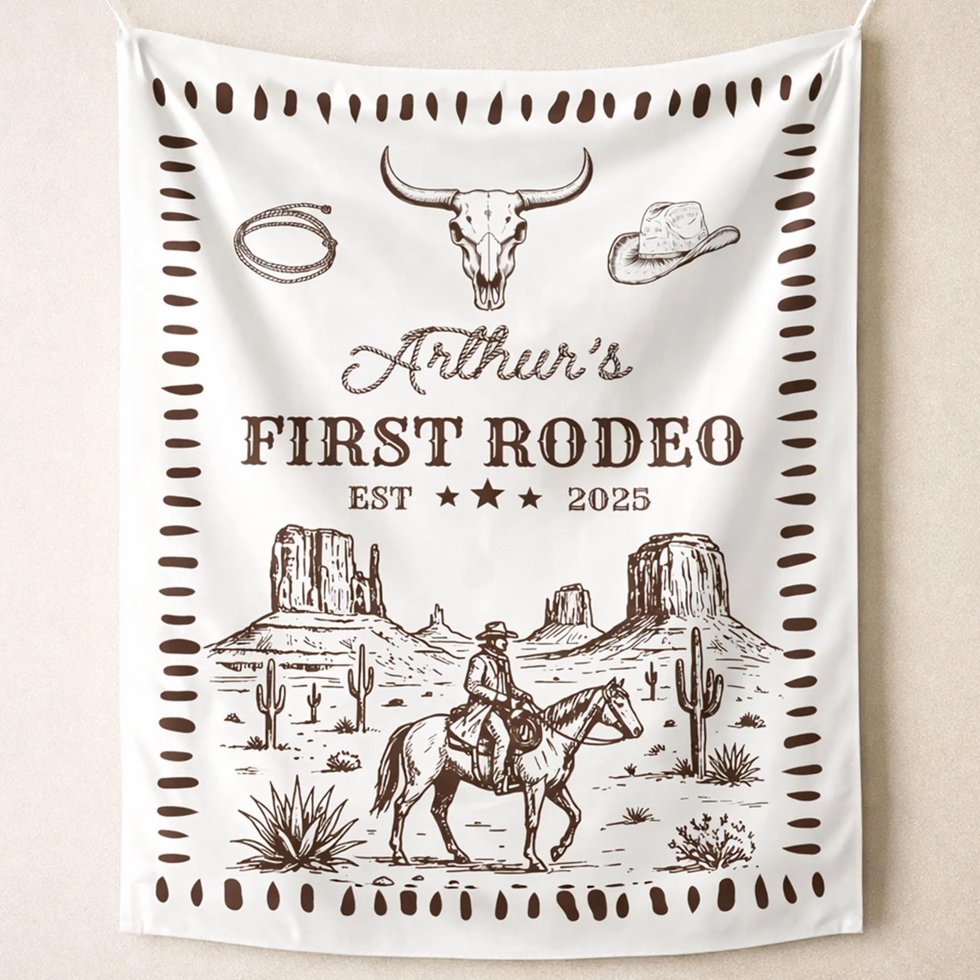 Personalized First Rodeo Silk Banner with Cowboy Skull and Desert Scene Western Birthday Party Backdrop Custom Baby Boy Decor