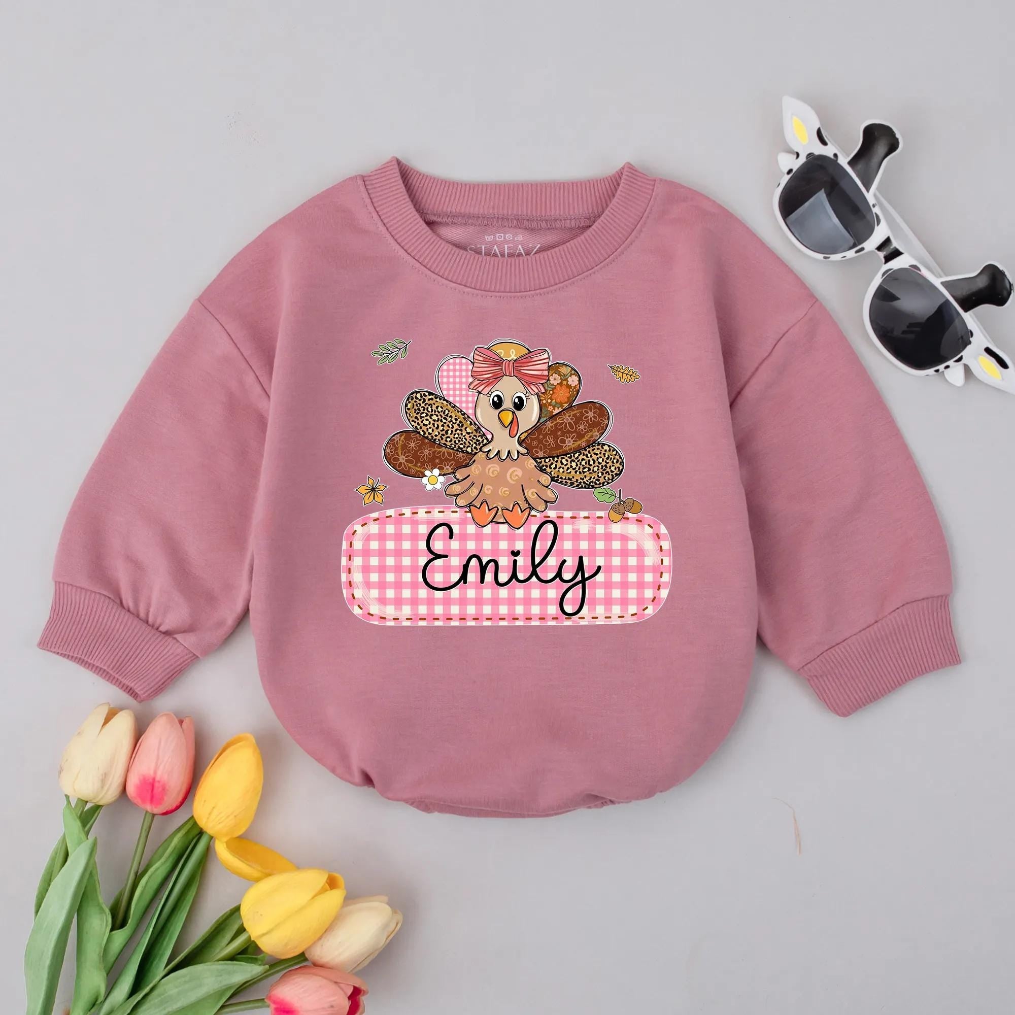 Personalized First Thanksgiving Romper with Patchwork Turkey Design Baby Boy Girl Outfit Soft Cotton Fall Bodysuit Custom Name Unique Gift