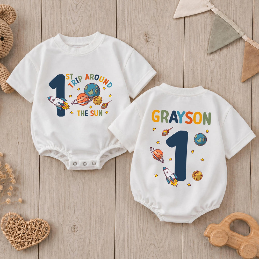 Personalized First Trip Around The Sun Baby Romper Space 1st Birthday Outfit Boy Soft Cotton Clothes Custom Name Design