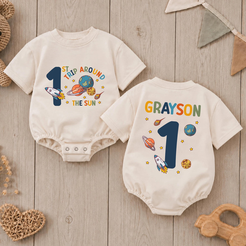 Personalized First Trip Around The Sun Baby Romper Space 1st Birthday Outfit Boy Soft Cotton Clothes Custom Name Design