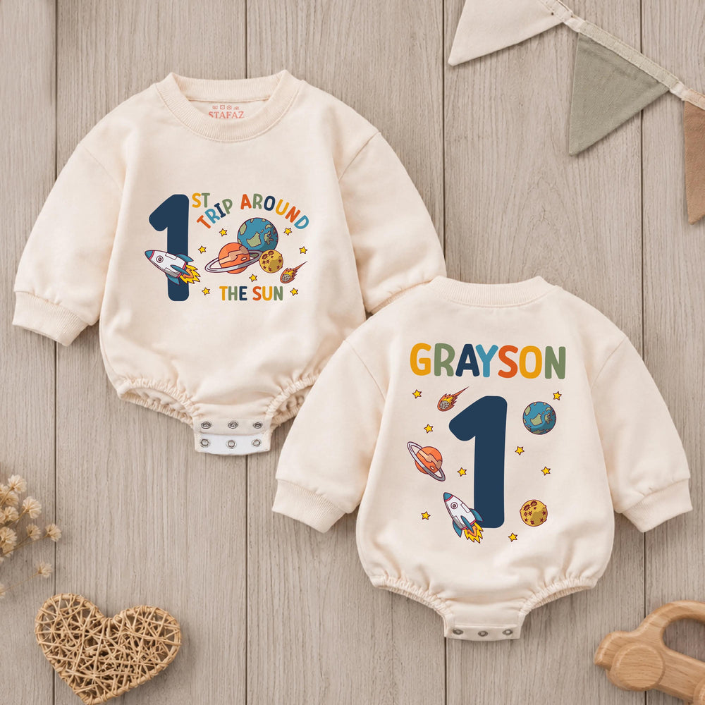 Personalized First Trip Around The Sun Baby Romper Space 1st Birthday Outfit Boy Soft Cotton Clothes Custom Name Design
