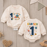 Personalized First Trip Around The Sun Baby Romper Space 1st Birthday Outfit Boy Soft Cotton Clothes Custom Name Design